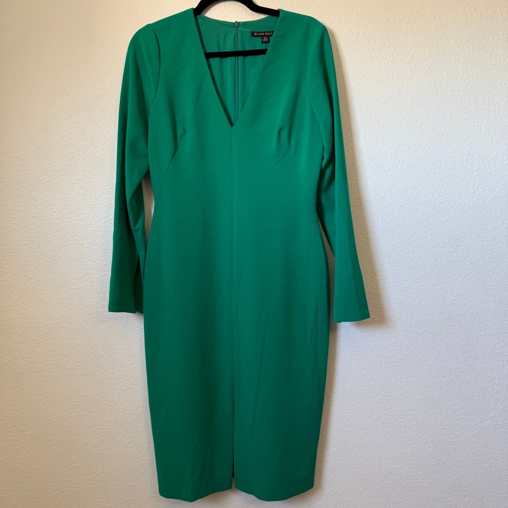 Black Halo Green V-Neck Long Sleeve Sheath Dress 8 3599821 Made in USA